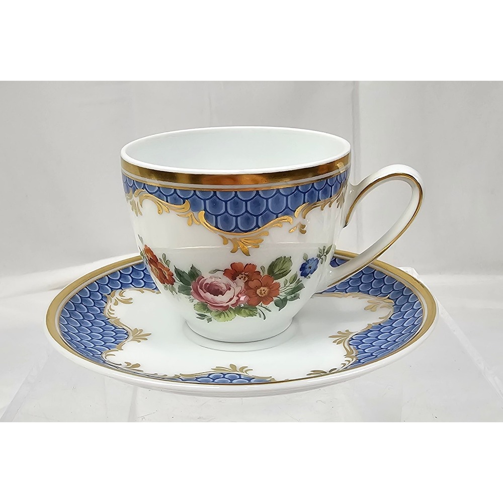 Hutschenreuther Germany Danbury Mint Floral Blue Scale Porcelain Cup Saucer Set